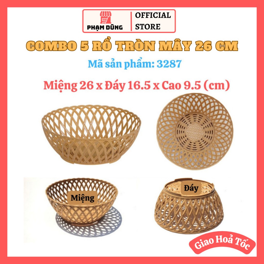 Combo 5 rổ tròn nhựa giả mây size đại 3287 nhựa Việt Nhật , rổ đựng rau củ quả hành tỏi tiện lợi
