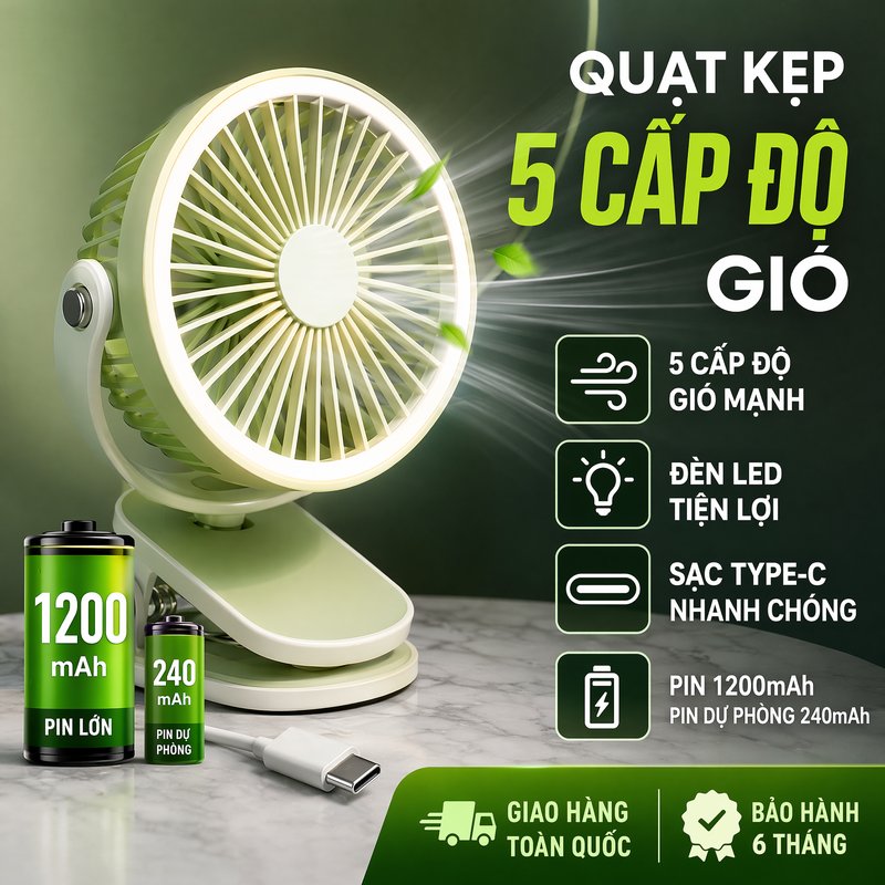 quạt kẹp quạt bàn mini sạc usb type c 5 mức gió có đèn pin tích điện dùng học tập văn phòng