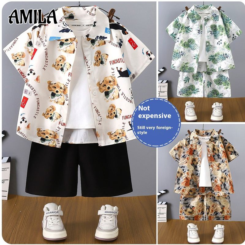 AMILA Children's Shirt Suit, Boys' Casual Short-Sleeved Shorts ราคา 137 บาท*ส่งฟรี