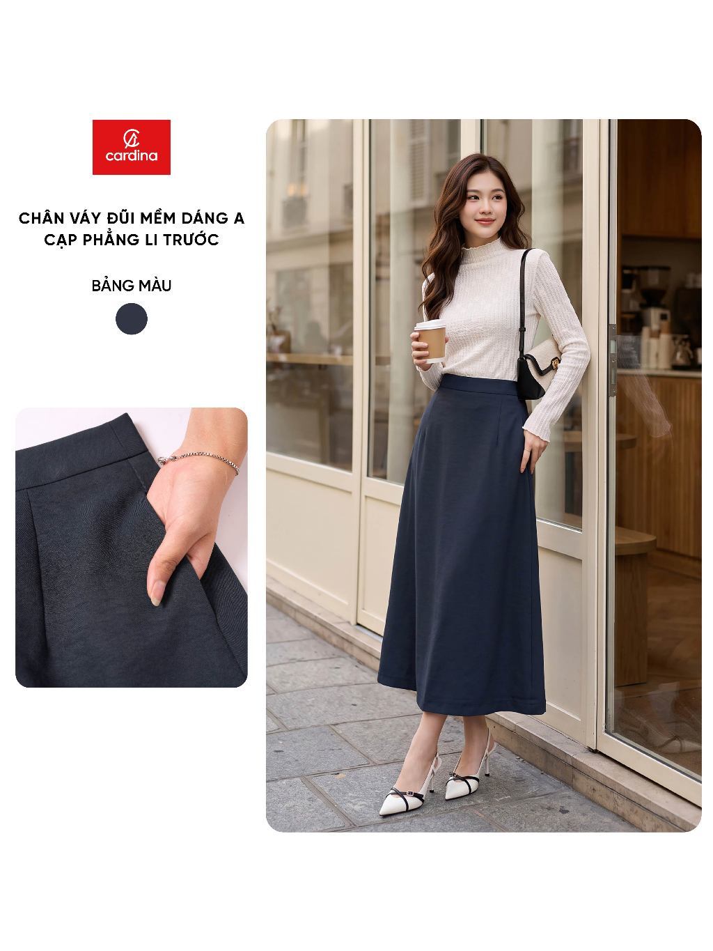 Chân váy nữ CARDINA chất liệu đũi mềm dáng A cạp phẳng ly trước 6CVA16