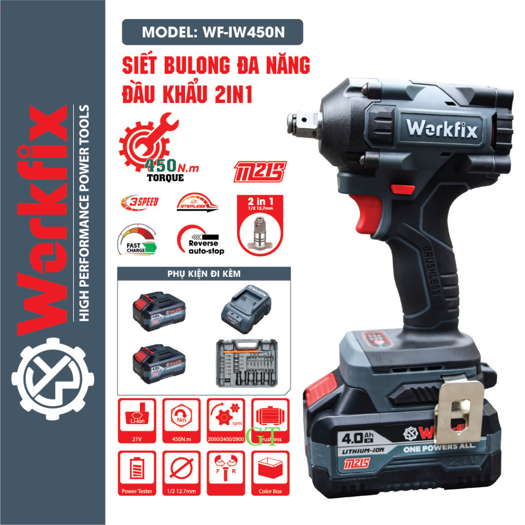 Máy siết bulong WORKFIX WF-IW450N không chổi than - Lực Siết 450N.m chân pin phổ thông 100% Lõi đồng MÁY CHÍNH HÃNG GIÁ TỐT