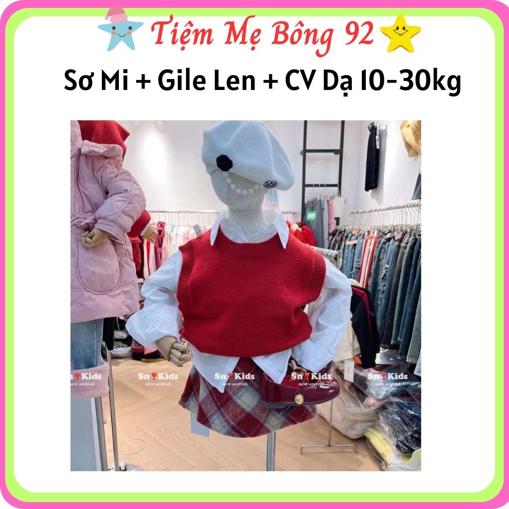 Sét 3ct: áo sơ mi + gile len thừng + chân váy dạ bé gái 10-30kg h243 - tiệm mẹ bông 92