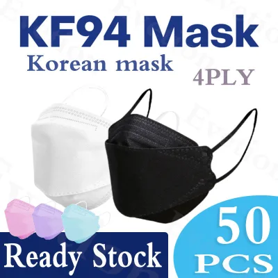 Evetion 50pcs KF94 Face Mask Reusable Washable Korean original n 95 Face Mask 4 Ply Non-woven Breathing 3D Mask KN 95 Adult Mask White Black