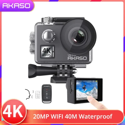 AKASO V50 Elite 4K/60fps Touch Screen WiFi Action Camera Voice Control EIS 40m Waterproof Camera Adjustable View Angle 8X Zoom Remote Control Sports Camera with Helmet Accessories Kit