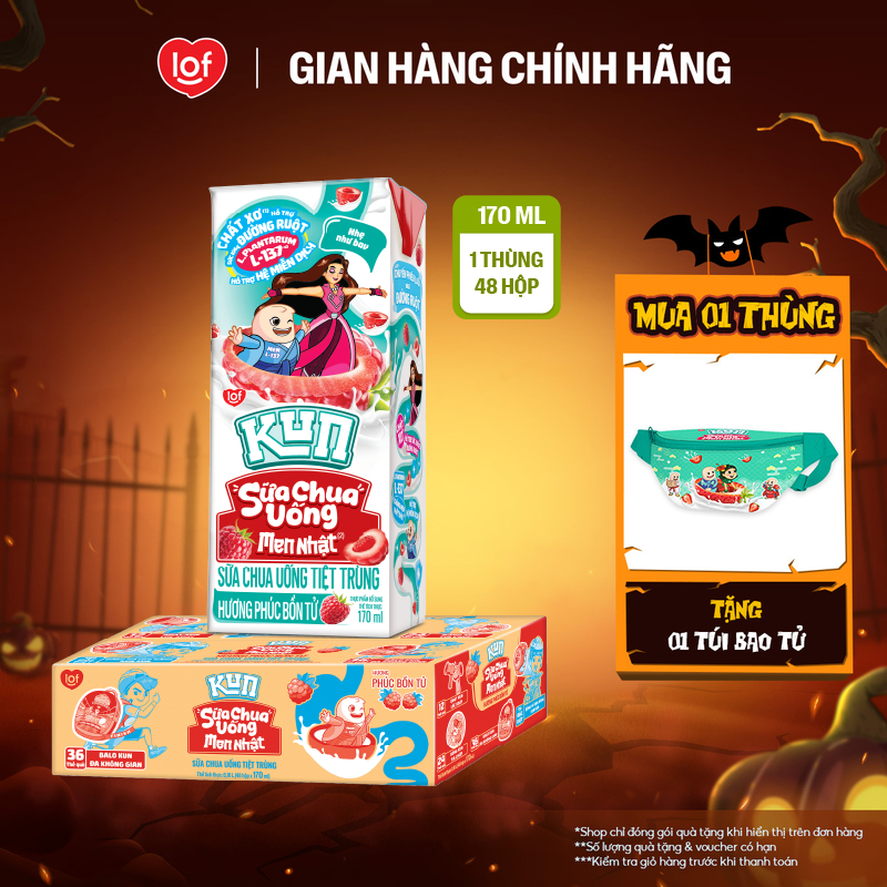 Sữa chua uống tiệt trùng KUN hương phúc bồn tử thùng 48 hộp x 170ml