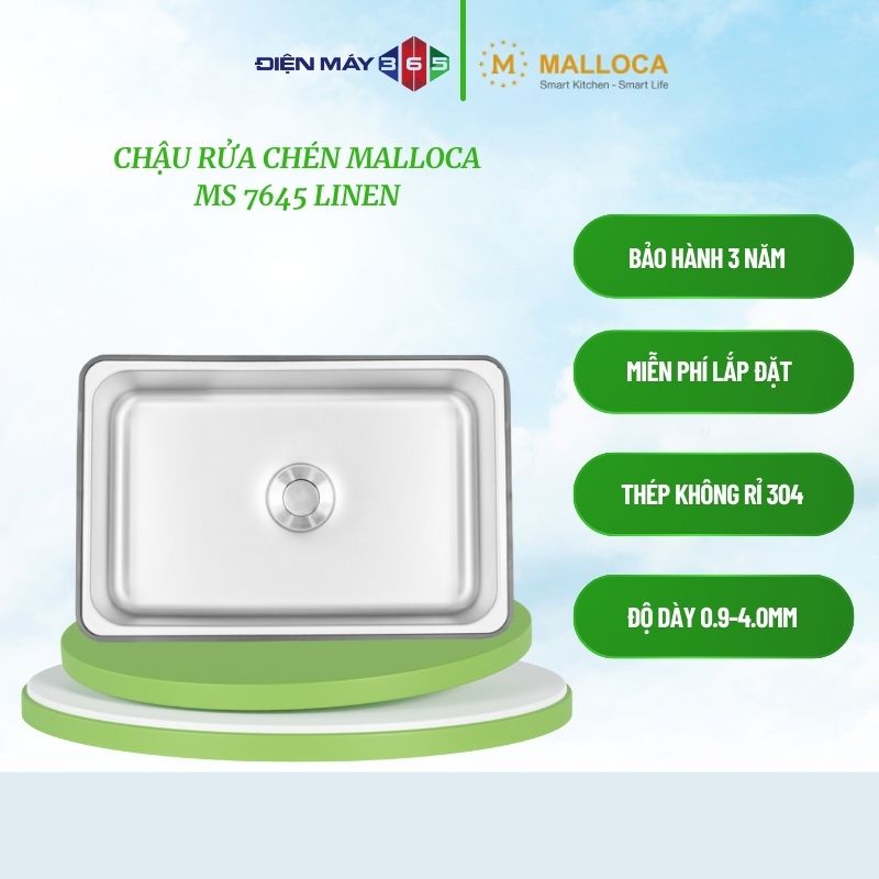 Chậu rửa chén Malloca MS 7645 LINEN – Thép không gỉ 304 – Bộ xả thông minh – Bảo hành chính hãng