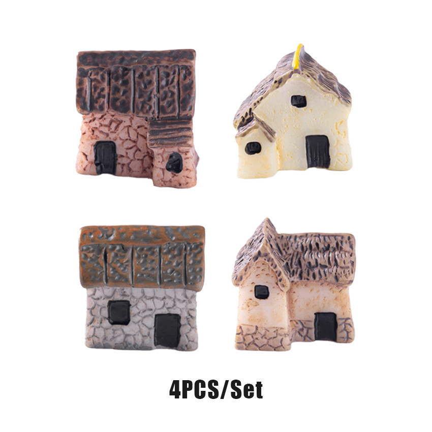 4Pcs Dollhouse Miniatur Rumah Desa Gubuk Jerami Tradisional Ornamen Resin Ornamen Bonsai Aquascape Maket Terarrium Diorama Miniatur Rumah Resin