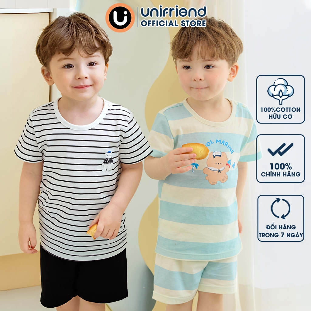 Bộ ngắn tay thun cotton mịn bé trai, bé gái mặc nhà mùa hè Unifriend Hàn Quốc U2023-31. Size đại 5, 6, 8, 10 tuổi
