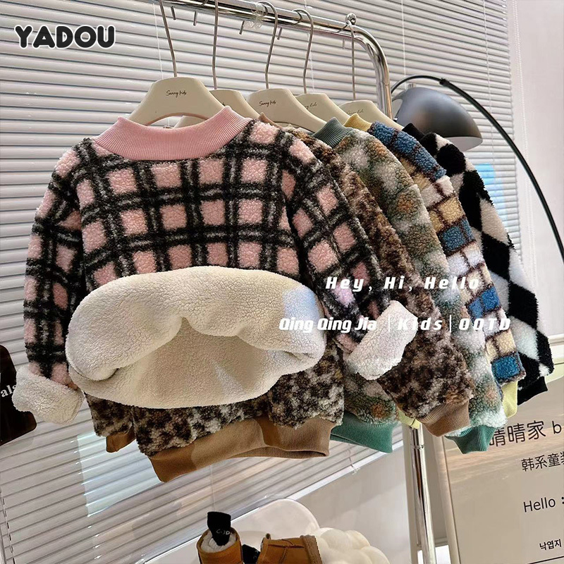 YADOU children's fashion plaid sweater New winter velvet thickened girls sweater Boys' high collar long sleeve thermal sweatshirt Soft and comfortable ราคา 198 บาท*ส่งฟรี