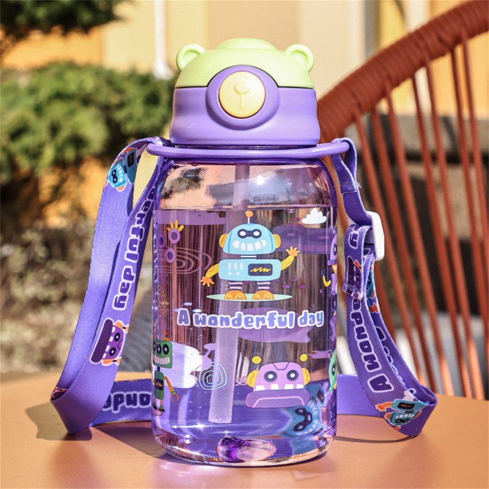 KUESICR 600ml Kids Straw Water Bottle BPA Free Cartoon Dinosaur/Rabbit Leakproof Tumbler with Handle