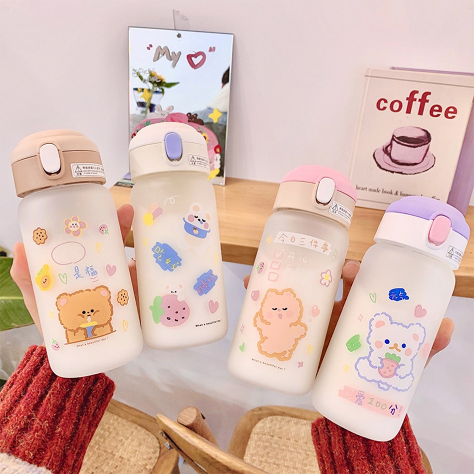 Cute Kawaii Frosted Sippy Glass Water Bottle Korean Cartoon Bounce Cover  Cups Portable Leakproof Girl Straw Water Cup For Kids