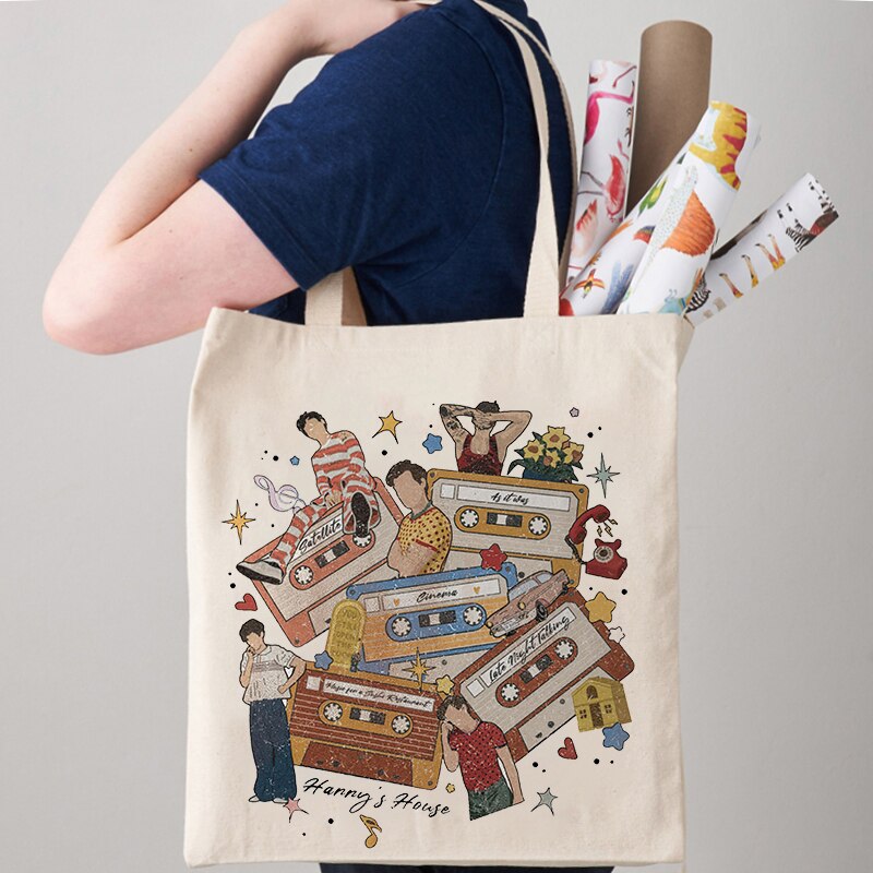 🧡1PC Harry của họa tiết ngôi nhà Tote Túi, vải cotton thời trang túi đeo vai vải bố, HS lấy cảm hứng từ túi vải, quà tặng cho cô ấy, Túi mua sắm
