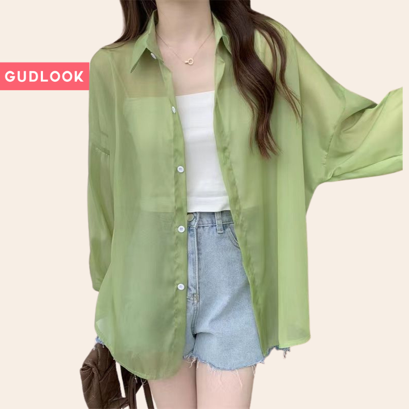 Áo Sơ Mi Voan Mỏng Trong GUDLOOK voan tơ form rộng đi chơi đi biển màu trắng đen xanh