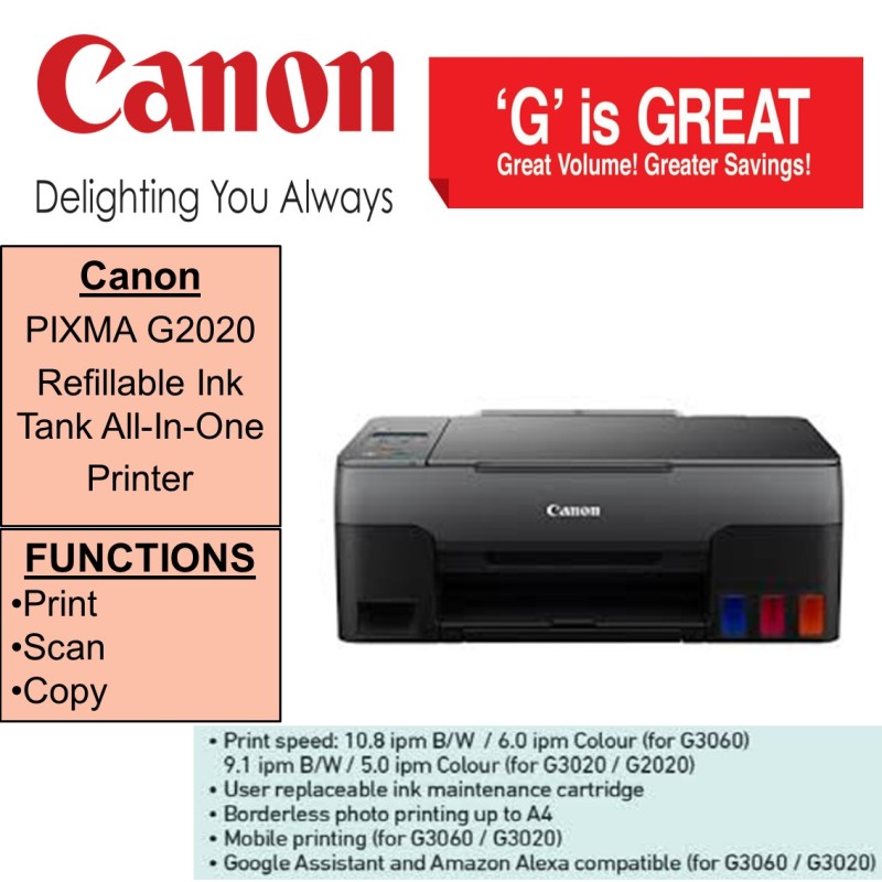 Canon PIXMA G2020 Refillable Ink Tank All-In-One Printer - Prefect for High volume Printing  ***Free $20 NTUC Voucher Till 5 Sep 2021 (WALK-IN-REDEMPTION by 18 Sep 2021 at Canon Customer Care Centre*** [ Ready stock ] Singapore