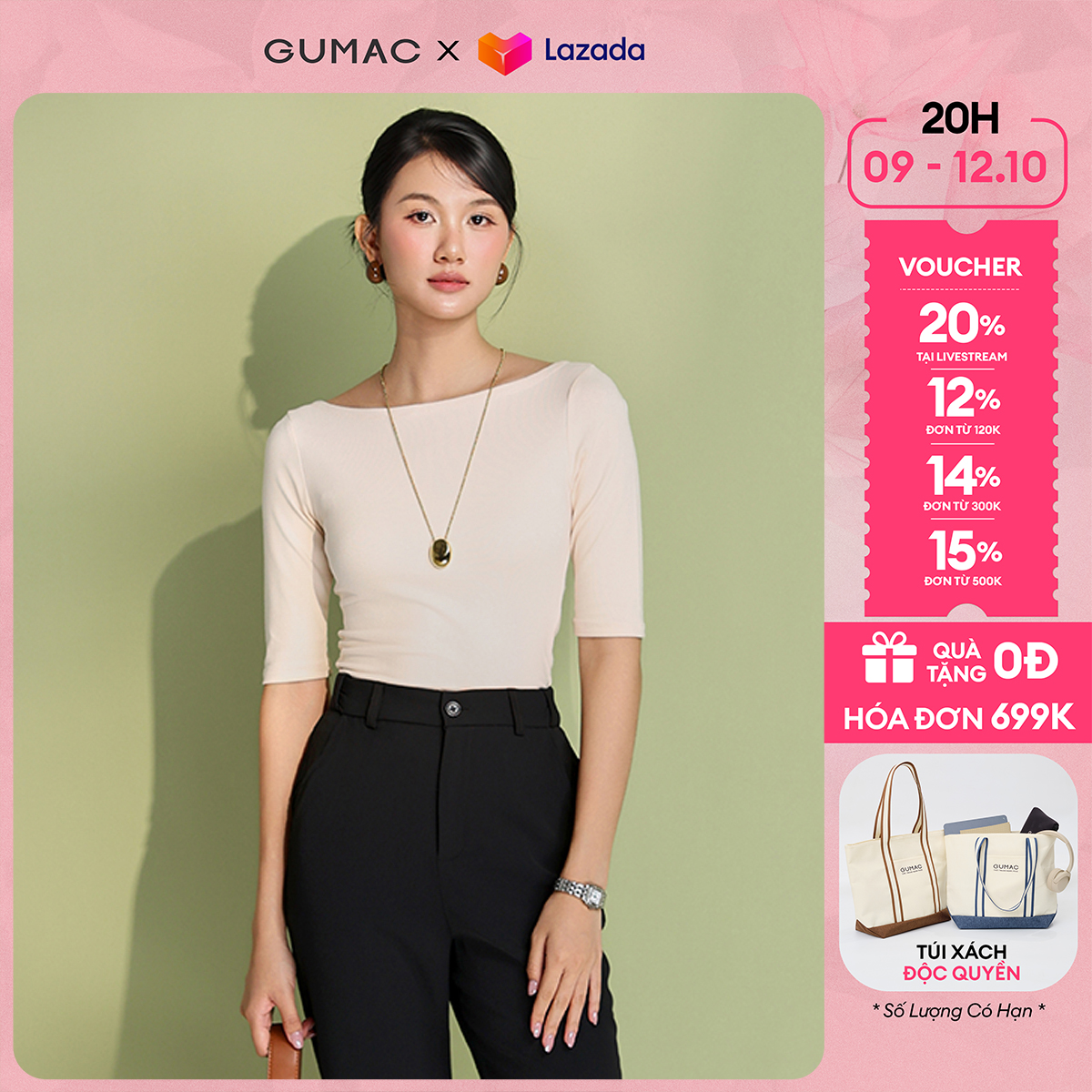 [10 - 12.10| Voucher 10-12%] Áo thun nữ slim ôm kiểu cổ thuyền tay lửng thun co giãn thoải mái thời trang GUMAC ATF05004