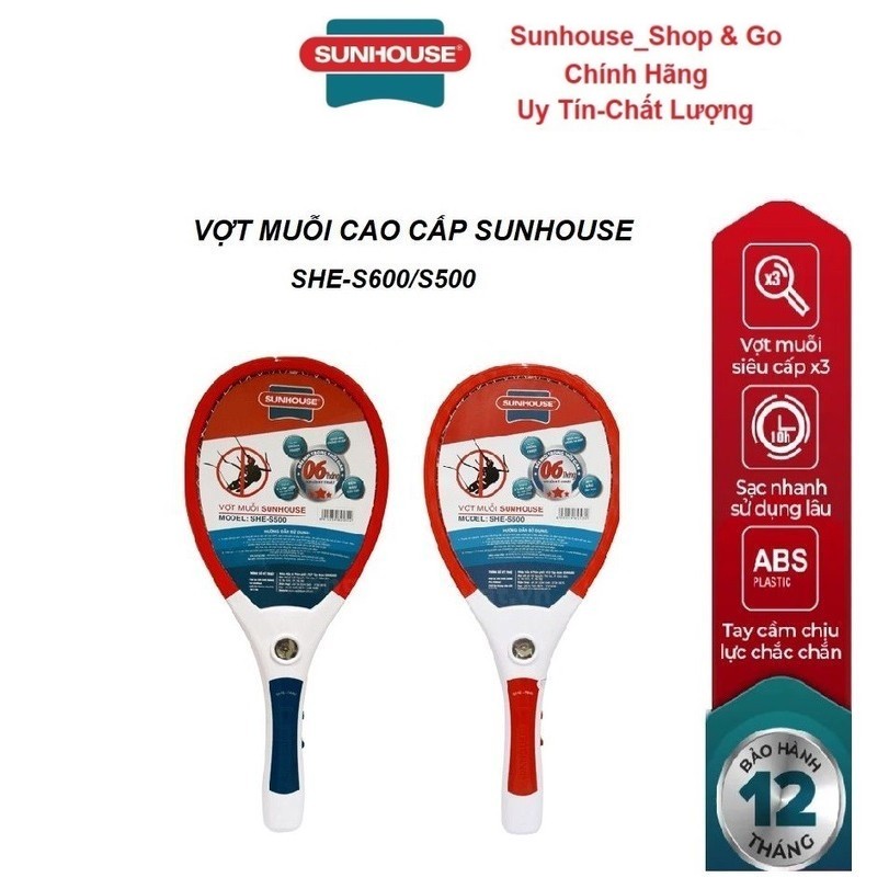 Vợt Muỗi Sunhouse SHE-S500 - Kích thước 213x520x30mm, Màu Xanh/Trắng/Đỏ