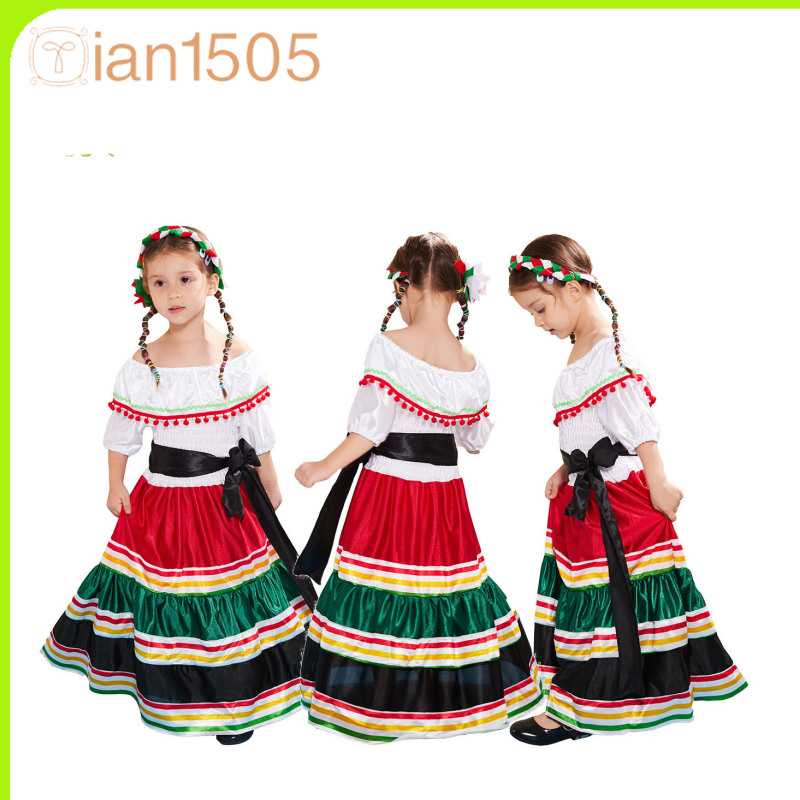 3 Pcs Girl's Traditional Mexican Dress Outfit Short Sleeve Off Shoulder Maxi Dress With Belt Headband ราคา  475 บาท*ส่งฟรี