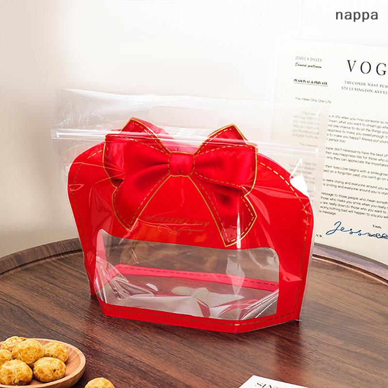 ✨[nappa] 50pcs Red Bowknot hình dạng Tote Túi Quà Tặng kẹo trang sức bao bì túi sinh nhật Lễ Hội Đảng ủng hộ túi trong suốt tự khóa túi