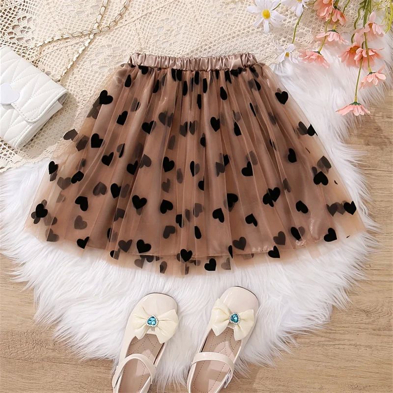 Girls' design dress 2024 New Girls Heart Skirts Printed High Waist Mesh Vintage Style Simple Short Skirts Children Casual Skirt