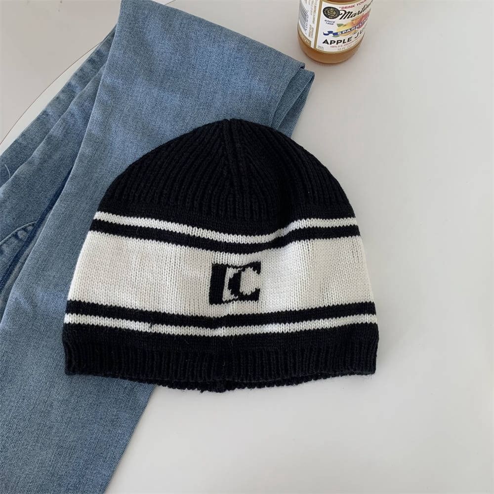 SONIAR Phong cách Hàn Quốc Mũ dệt kim có chữ Đen và trắng Sọc Mũ len Giải trí Mũ đầu lâu Mũ Beanie Mùa đông/Mùa Thu