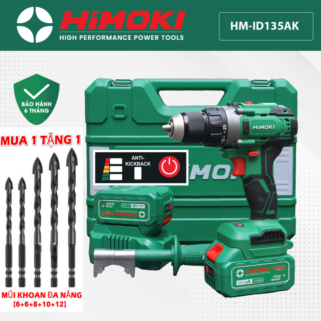 🌹FREESHIP🌹Máy Khoan Pin HIMOKI HM-ID135AK Không Chổi Than siêu khỏe - Có Bật Tắt Anti-Kick Back - Lực Siết 135NM
