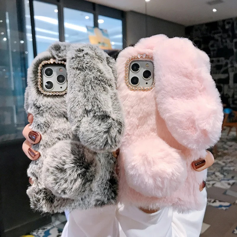 Warm Fluffy Fur Phone Case For iPhone 15 14 13 12 11 Pro X XR XS Max 7 8 Plus Coque 3D Rabbit Ears Soft Bag fwerwew