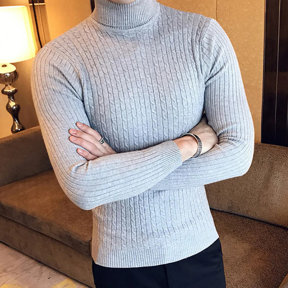 Casual Men Winter Solid Color Turtle Neck Long Sleeve Twist Knitted Slim Sweater Men's Knitted Sweaters Pullover Men999_voghion.com