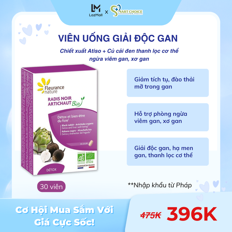 Viên Uống Giải Độc Gan FLEURANCE NATURE Radis Noir Artichaut Hộp 30 viên - Hỗ Trợ Thải Độc Gan, Bổ Gan, Đào Thải Mỡ Trong Gan, Giảm Nguy Cơ Bị Viêm Gan, Ổn Định Men Gan