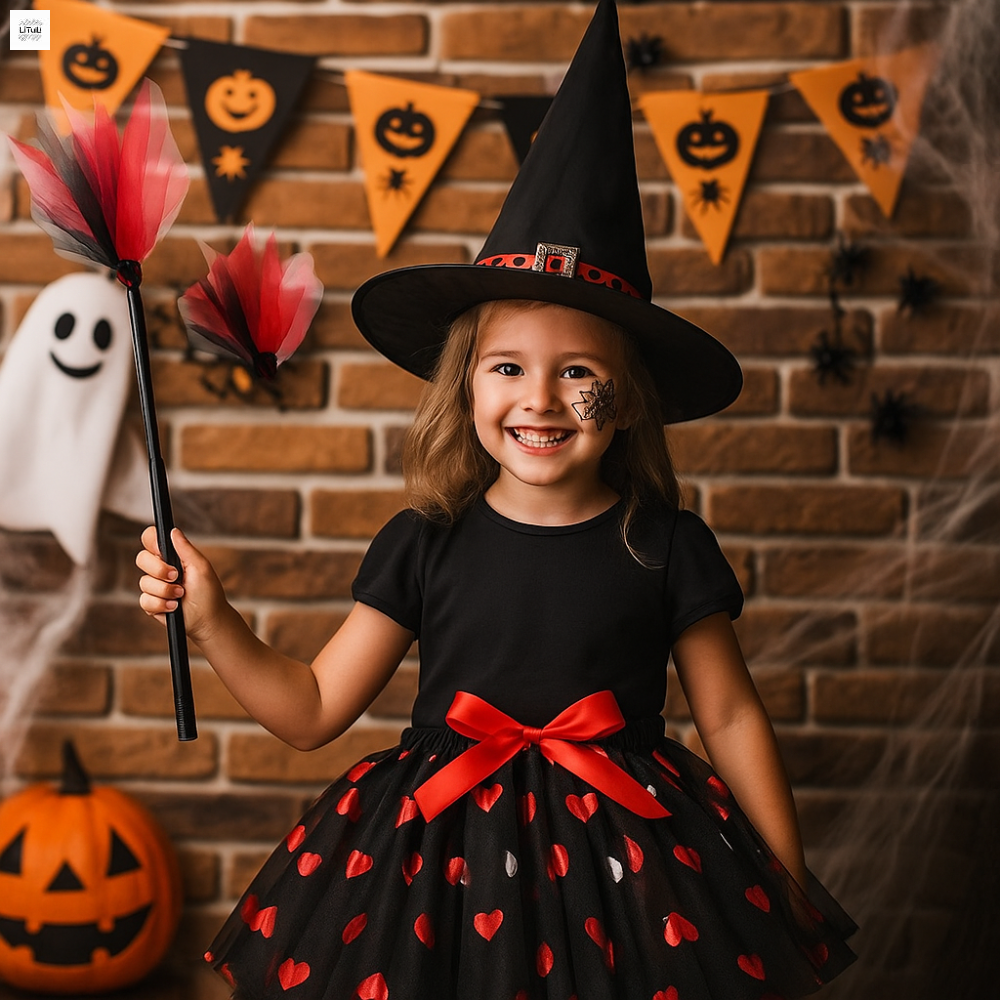 LITUILI 3Pcs/set Mũ nhọn Trang phục Halloween cho trẻ em chổi Pháp sư Bộ váy phù thủy cho trẻ em Punk Váy ngắn Trang phục cosplay Halloween Cô gái