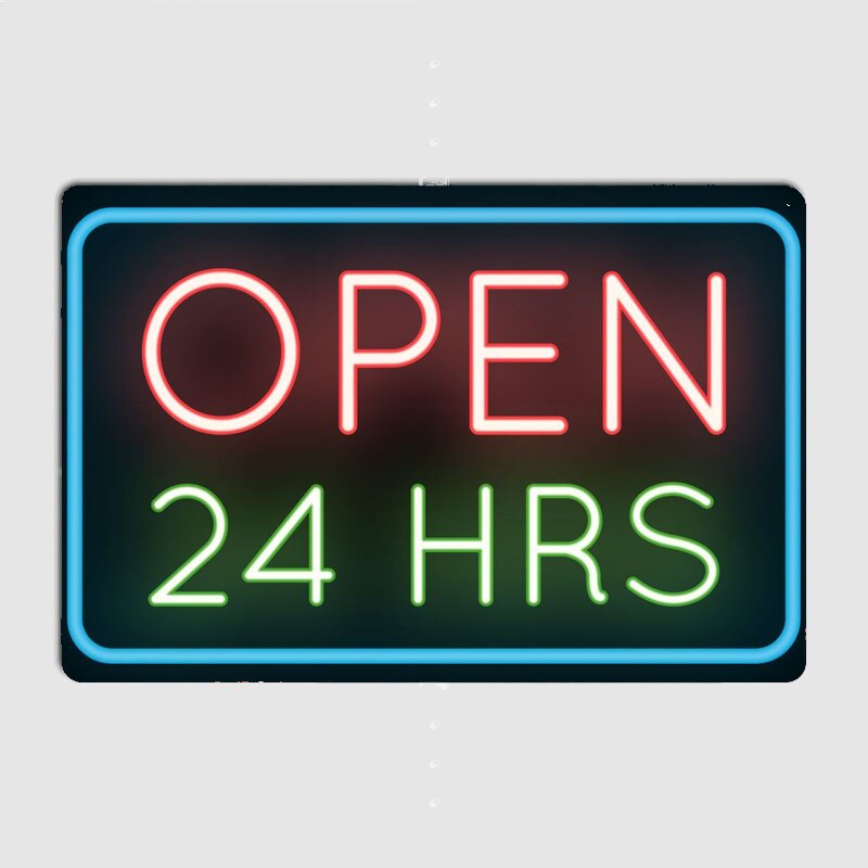 Open 24 Hours Neon Sign - Perfect for Garage Living Room or Cinema - Customizable Vintage Tin Wall Decor with LED Lights