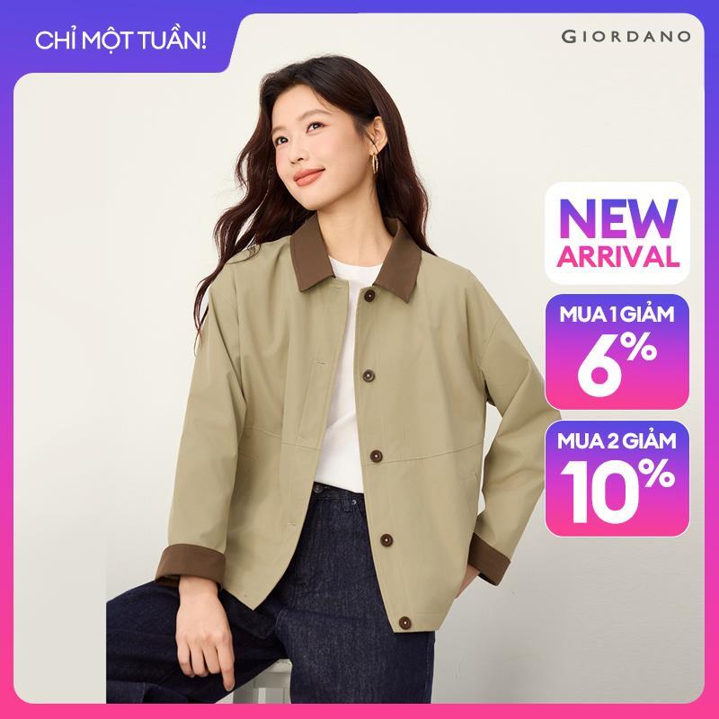 GIORDANO Women Coats Contrast Trim Relaxed Trench Coats Button Closure Fashionable Casual Short Trench Coats 13376776