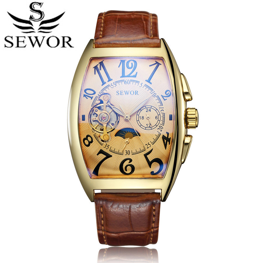SEWOR Skeleton Watch Mechanical Automatic SelfWind Leather Bracelet Moon  Phase Men Luxury Man Tonneau Case Watches SEWOR01217L5528220 From 46,55 € |  DHgate