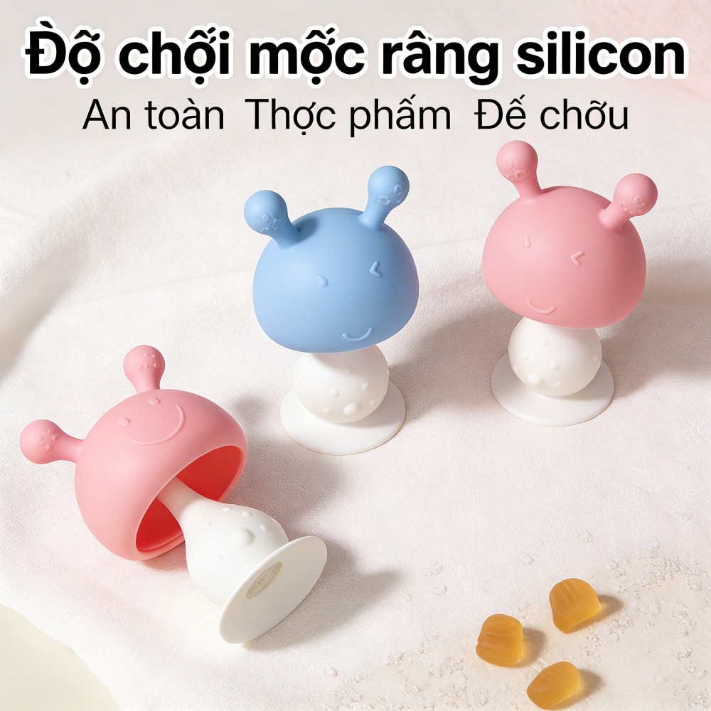 nướu silicon cấp thực phẩm gặm đồ, thiết kế đầu nấm vui nhộn, an toàn, đồ gặm nướu bé, tăng cường sức khỏe, nghiến răng thoải mái