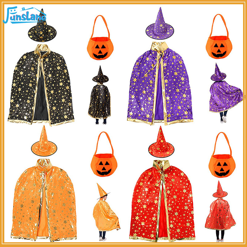 FunsLane 3pcs Wizard Cape Witch Cloak With Hat Pumpkin Bag Halloween