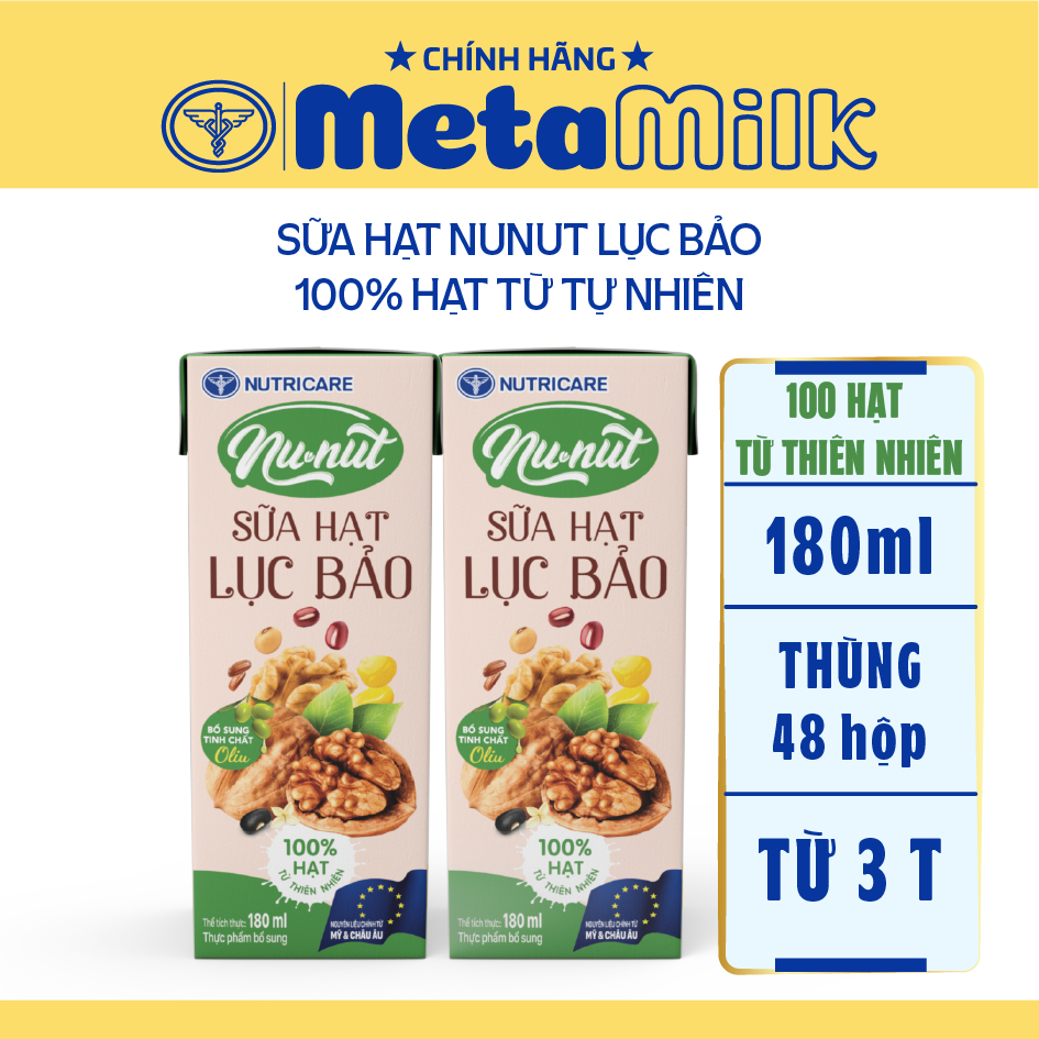 Thùng sữa nước pha sẵn Nunut 6 hạt Lục Bảo Nutricare ít đường giúp giải toả mệt mỏi (48 hộp)