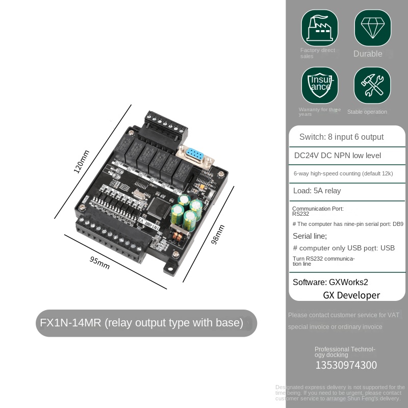 Board Mạch PLC FK FX1N-14MR: 8 input 6 output Đầu Ra Rơle, DB9 RS232, 24VDC, xung tốc độ cao,Hỗ Trợ GX Works2/GX Developer Mitsubishi - FX1N - FK1N-14MR CÓ ĐẾ