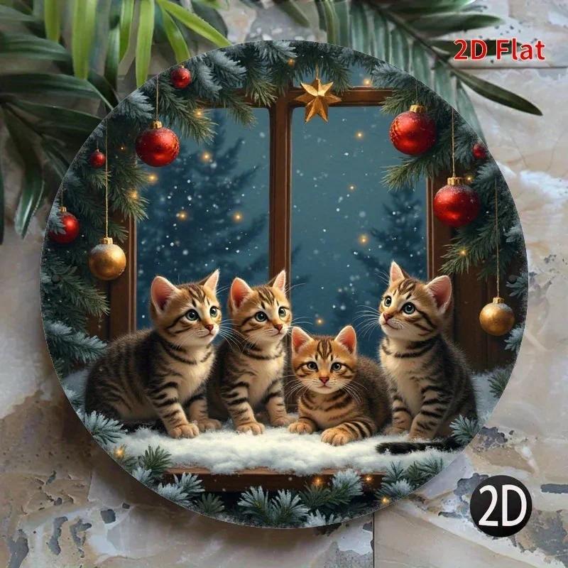Festive Christmas Cat Round Metal Sign - Vibrant Living Room Decor