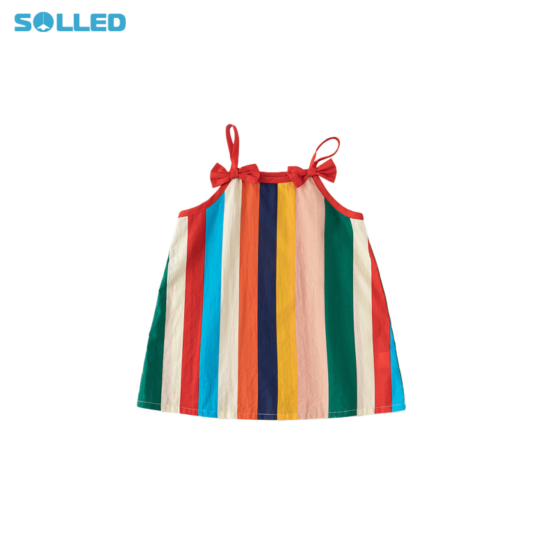 Toddler Girl Spaghetti Strap Dress Cotton Rainbow Vertical Stripe Dress Bowknot Beach Playwear Dress ราคา 155 บาท*ส่งฟรี