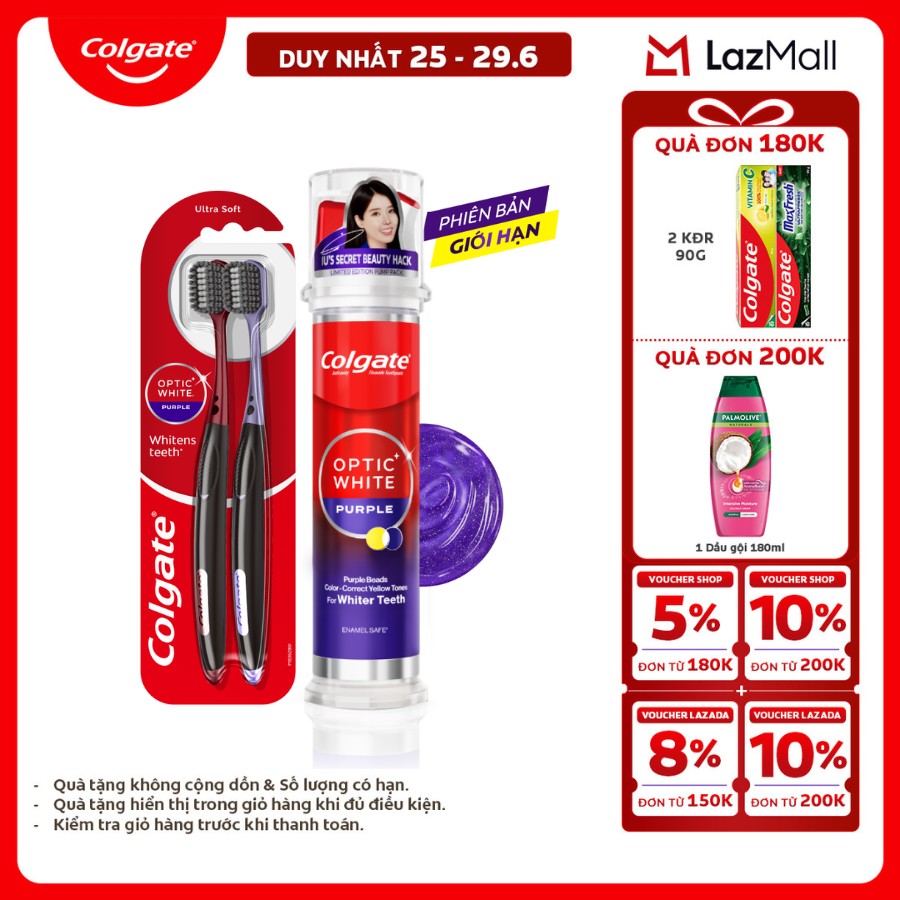[Chỉ 25-29.6_X2 Voucher giảm đến 20%] Bộ Kem đánh răng Colgate Optic White Purple Vòi nhấn thông minh 130g và 2 bàn chải trắng răng