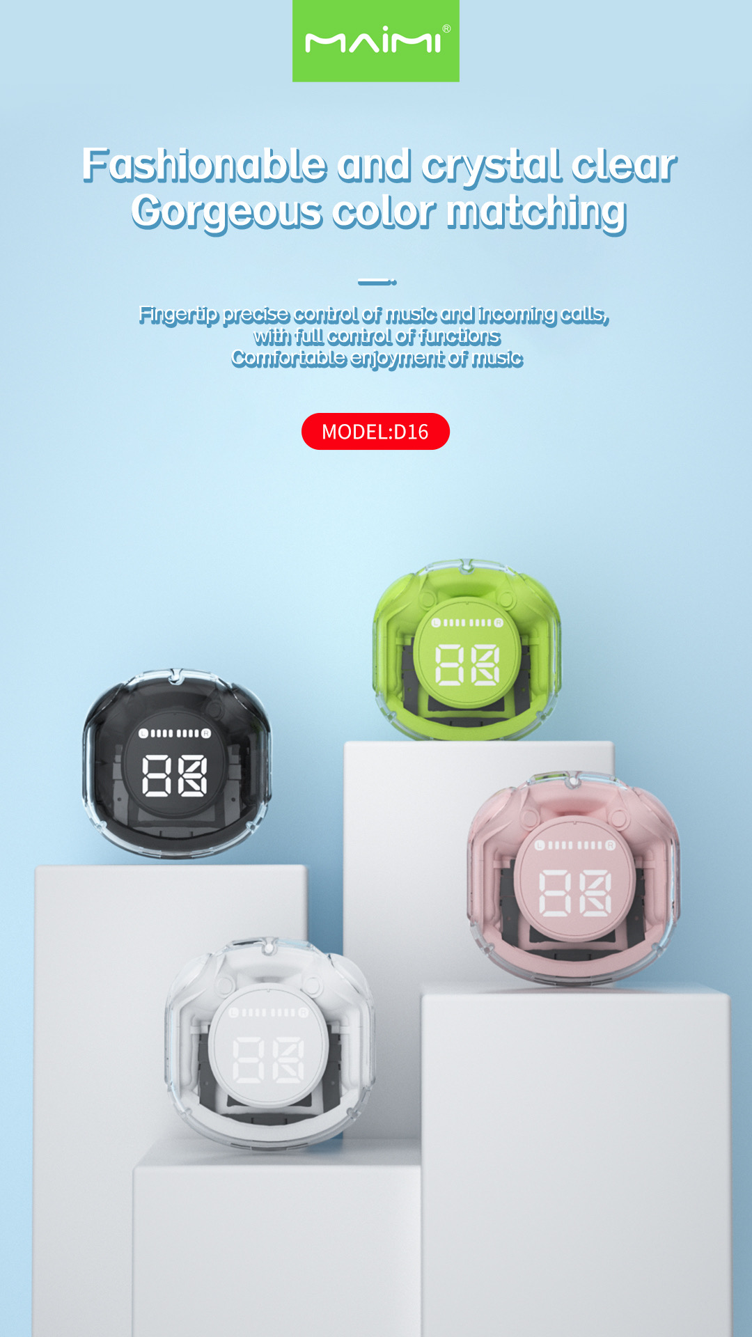 Maimi หูฟังบลูทูธ (รุ่น D16) หูฟังไร้สายแฟชั่น Bluetooth5.3 เสียงดี เบสแน่น แบตเตอรี่อึดทน 12 ชม. ราคา 286 บาท*ส่งฟรี