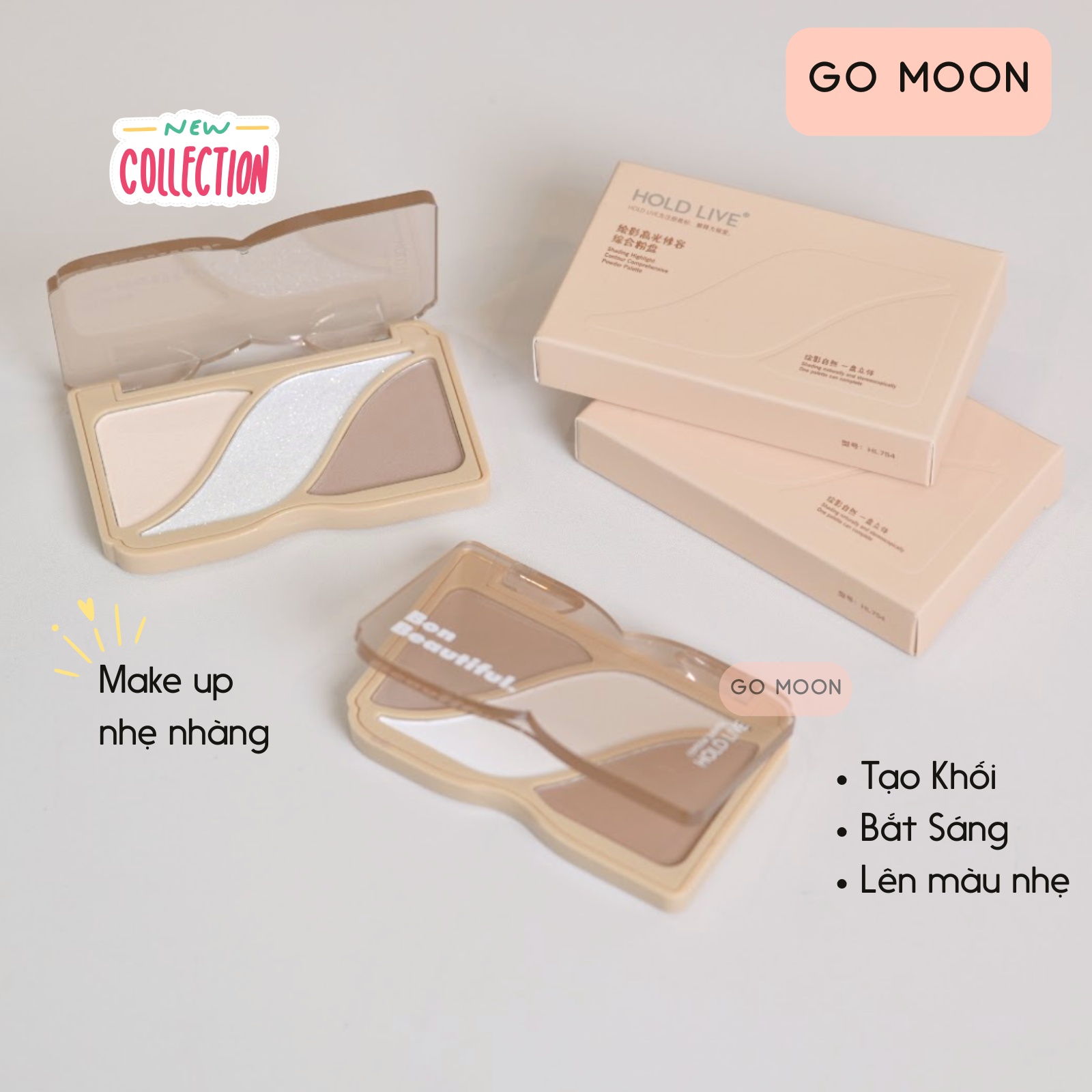 Bảng Phấn Tạo Khối bắt sáng HOLD LIVE 3 Ô 2 in 1 HL754 8.2g highlight đa năng tiện lợi Tạo Khối Tự Nhiên