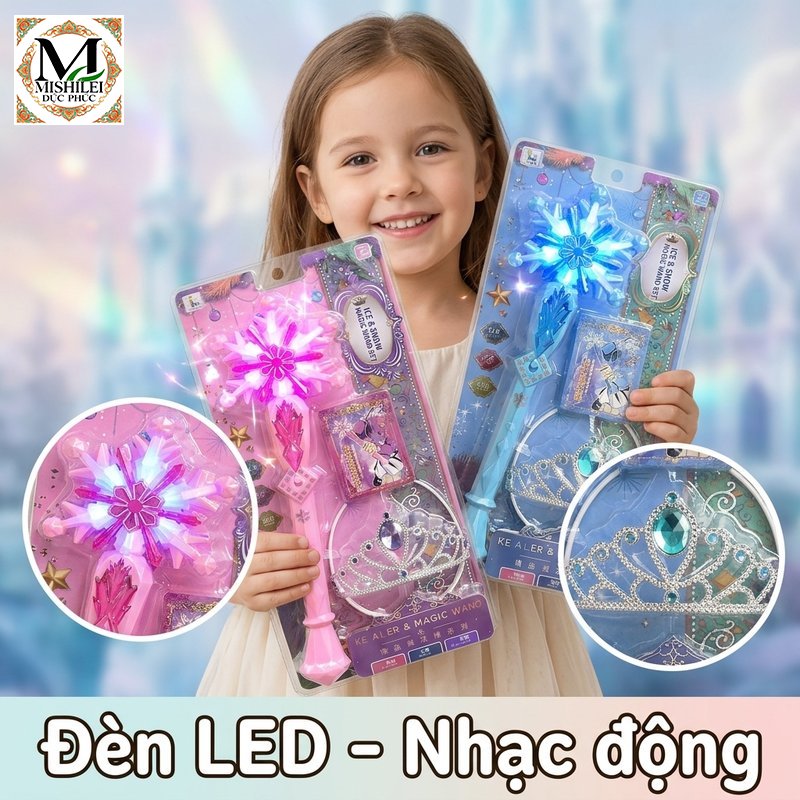Mishilei Gậy thần phép thuật Elsa đồ chơi phát nhạc đèn led cầm tay vương miện pin quà sinh nhật bé