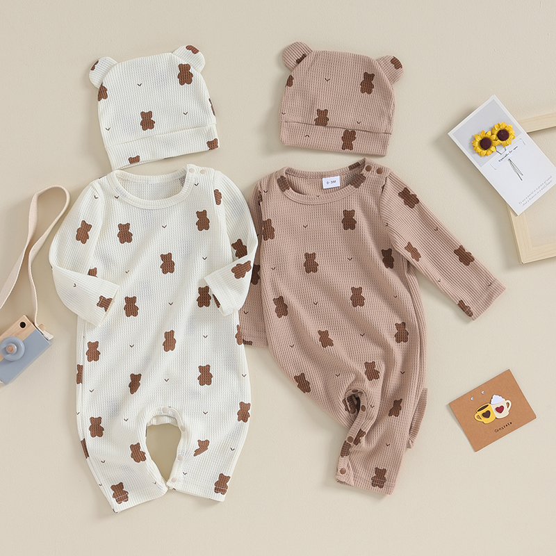 Infant Clothes Baby Girls Boys Rompers Bear Print Crew Neck Long Sleeve