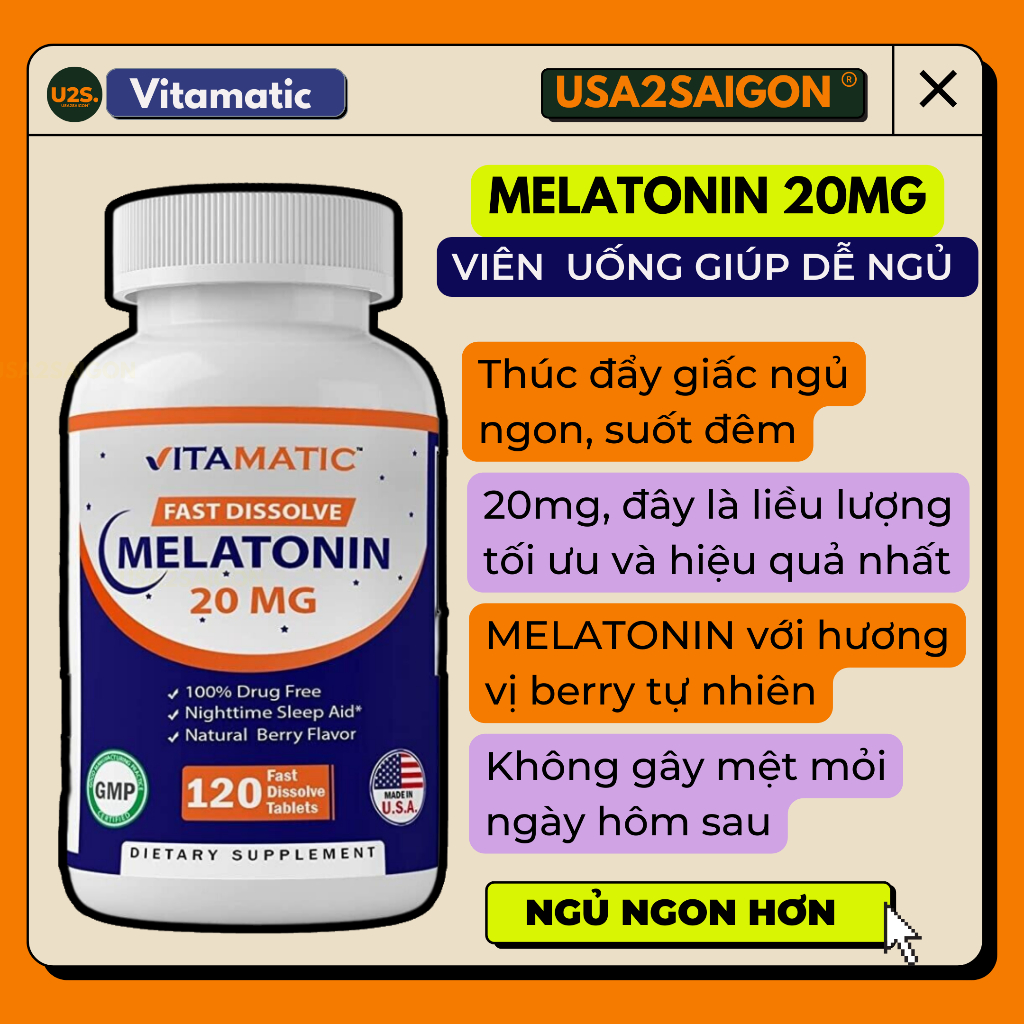 Viên Uống Giúp Dễ Ngủ Vitamatic Melatonin 20mg 120 Tablets