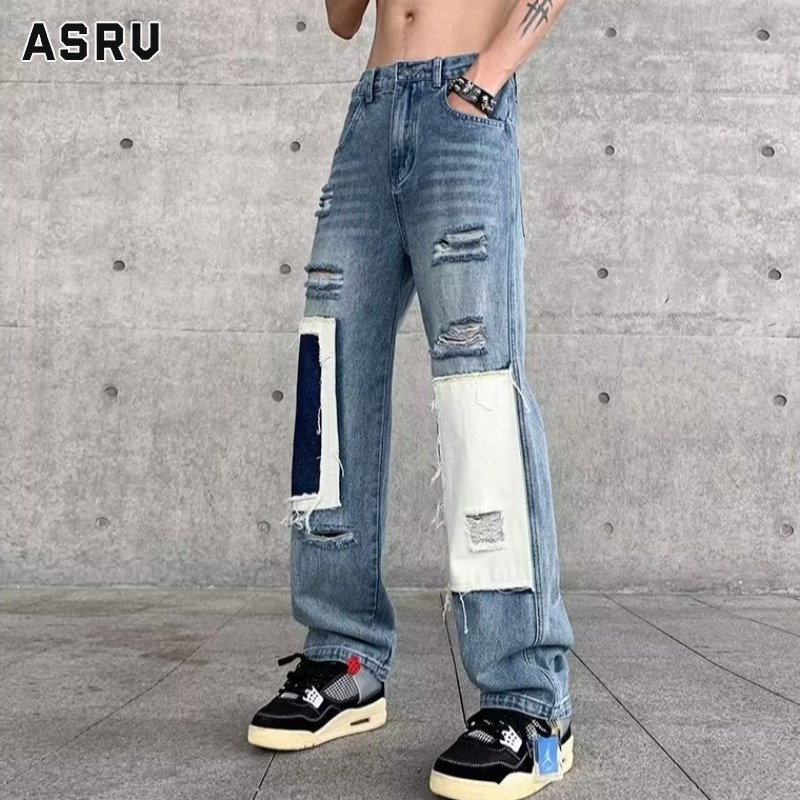 ASRV Quần jean đường phố cao nam màu đen và trắng thiết kế có ốp quần denim cảm giác người ăn xin xé quần xuông giản dị