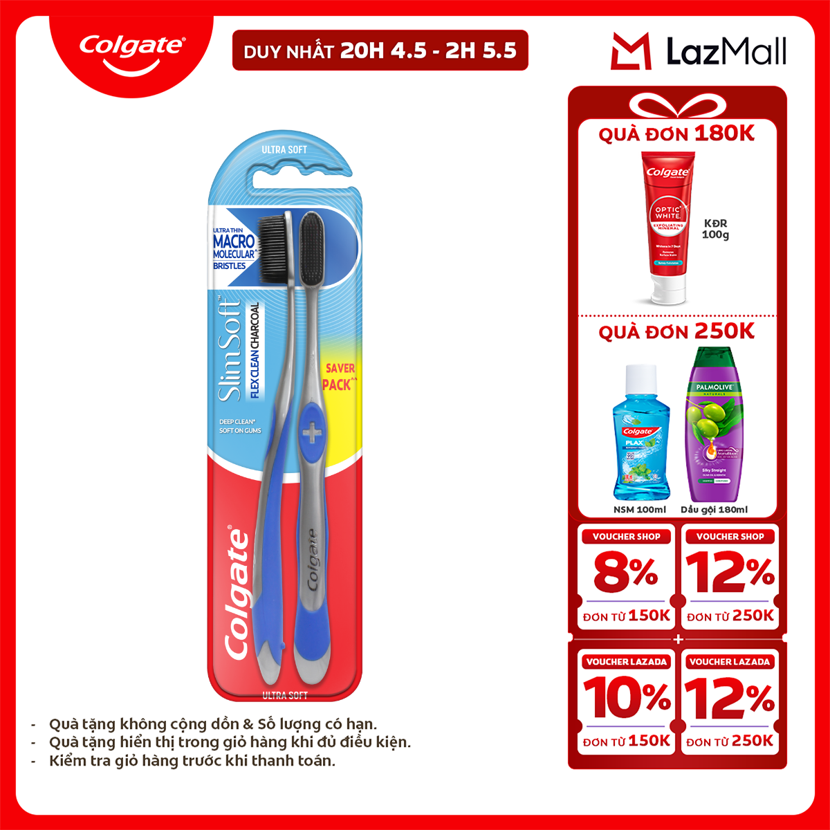[Chỉ 25-29.4_X2 Voucher giảm 20%] Bộ 4 bàn chải Colgate Slimsoft Flex Clean Charcoal nguyên khối than hoạt tính kháng vi khuẩn