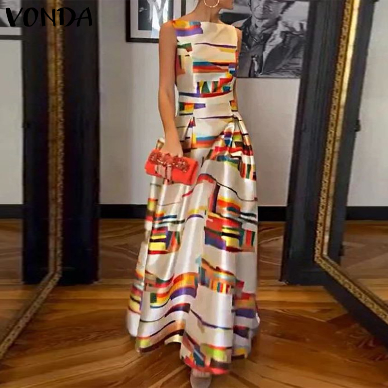 VONDA Women's Fashion Graphic Abstract Prints Collect Waist A-Line Dress Elegant Party Maxi Sundress (Western Fashion)