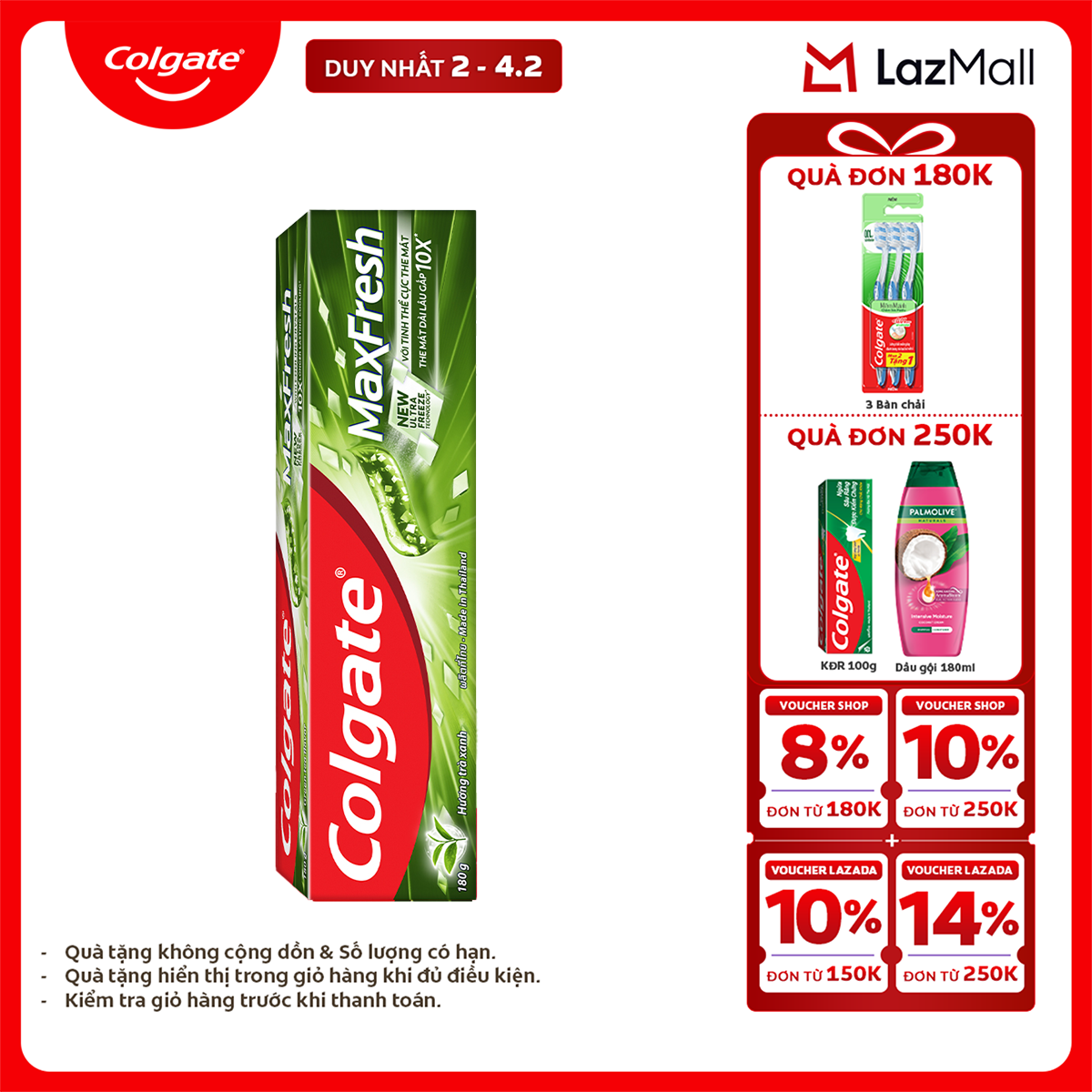 [Chỉ 2-4.2_X2 Voucher giảm 24%] Kem đánh răng Colgate Maxfresh hương bạc hà the mát 180g/tuýp