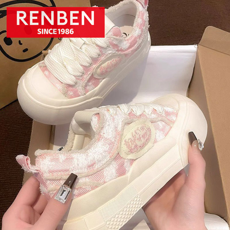 RENBEN New women's high-looking cloud shoes thick-soled round-toe niche design canvas casual sneakers