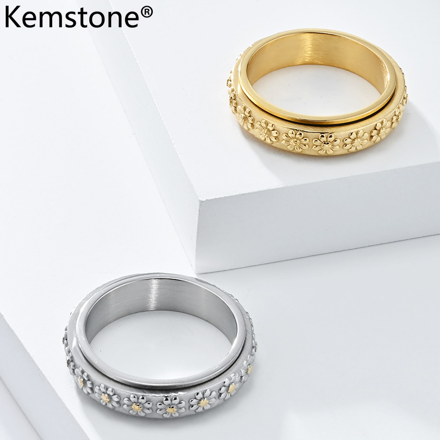 Kemstone Rotatable Stainless Steel Daisy Flower Rings Women's Gold Plated Silver Plated Ring Jewelry Size 5-10 ราคา 172 บาท*ส่งฟรี
